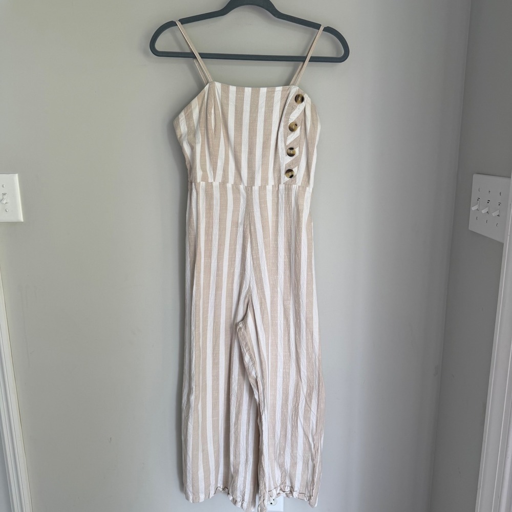 Japna 100% Cotton Jumpsuit Beige White Stripe Wide Leg Sleeveless Smocked Medium